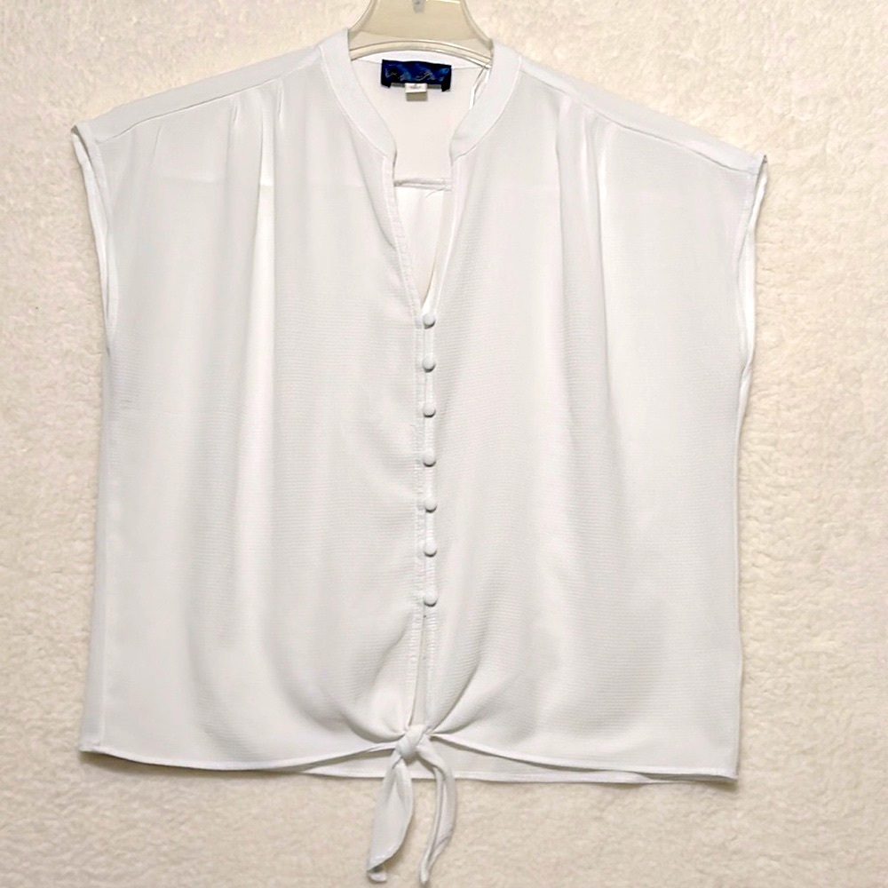 Blue Rain white chiffon, sleeveless button, front tie front blouse, size…